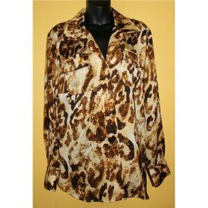 Jones New York Woman 1x Silky Button Front Blouse Animal Print Long Sleeves